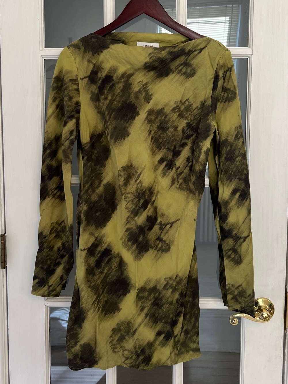 TOPSHOP Women’s Green & Black Blurred Floral Long Sleeve Shift Dress Size 12